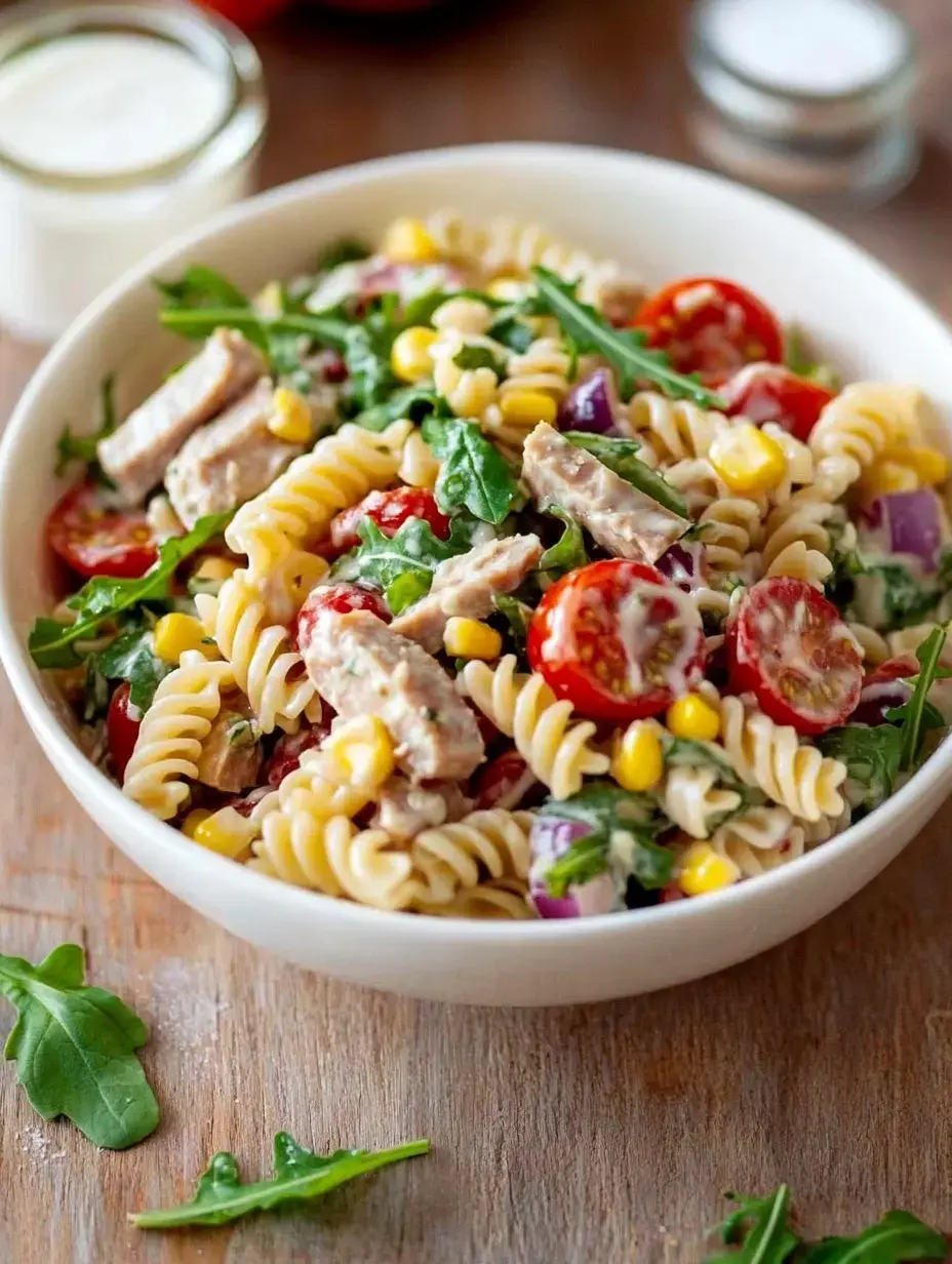 Un bol con pasta fusilli, tomatitos cherry, maíz, rúcula y trocitos de carne servido en una mesa de madera.