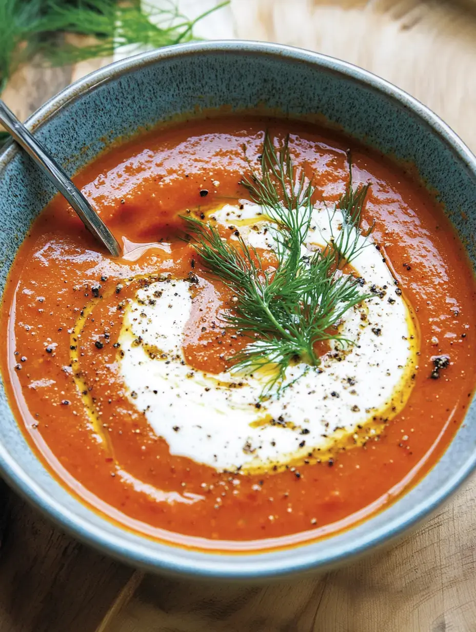 Un plato de sopa de tomate adornado con nata, eneldo y pimienta negra.