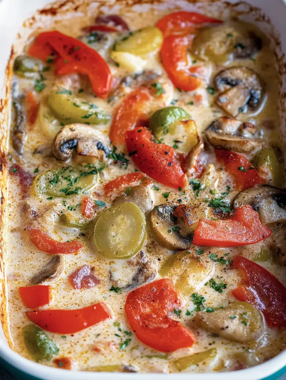 Una cazuela al horno con verduras de muchos colores como pimiento, champiñones y aceitunas verdes en salsa cremosa.
