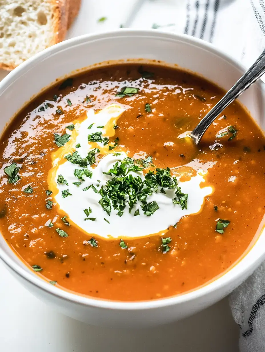Un bol con sopa de tomate, decorado con un poco de crema vegetal y hierbas frescas, y un pan al lado.