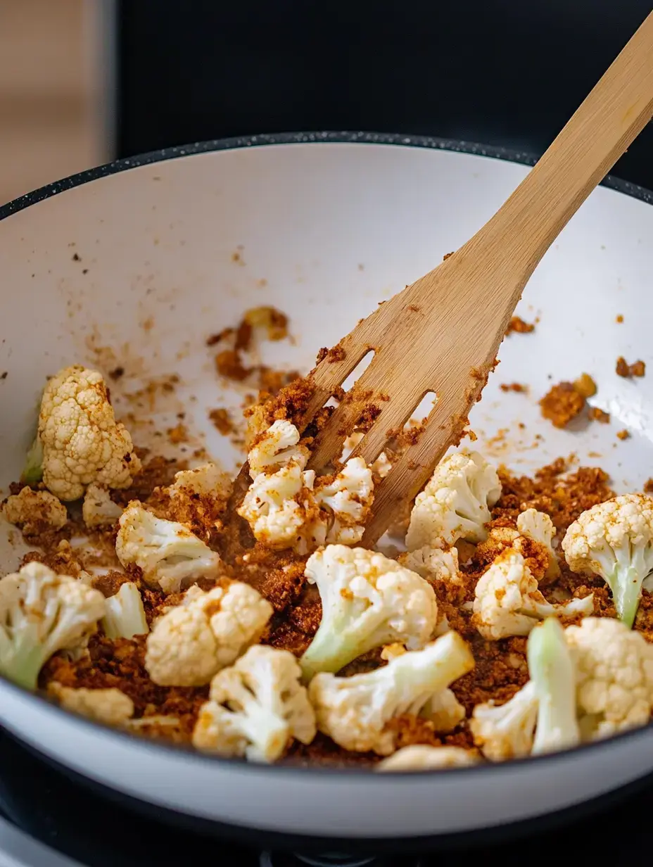 Se está mezclando coliflor con especias en una sartén.