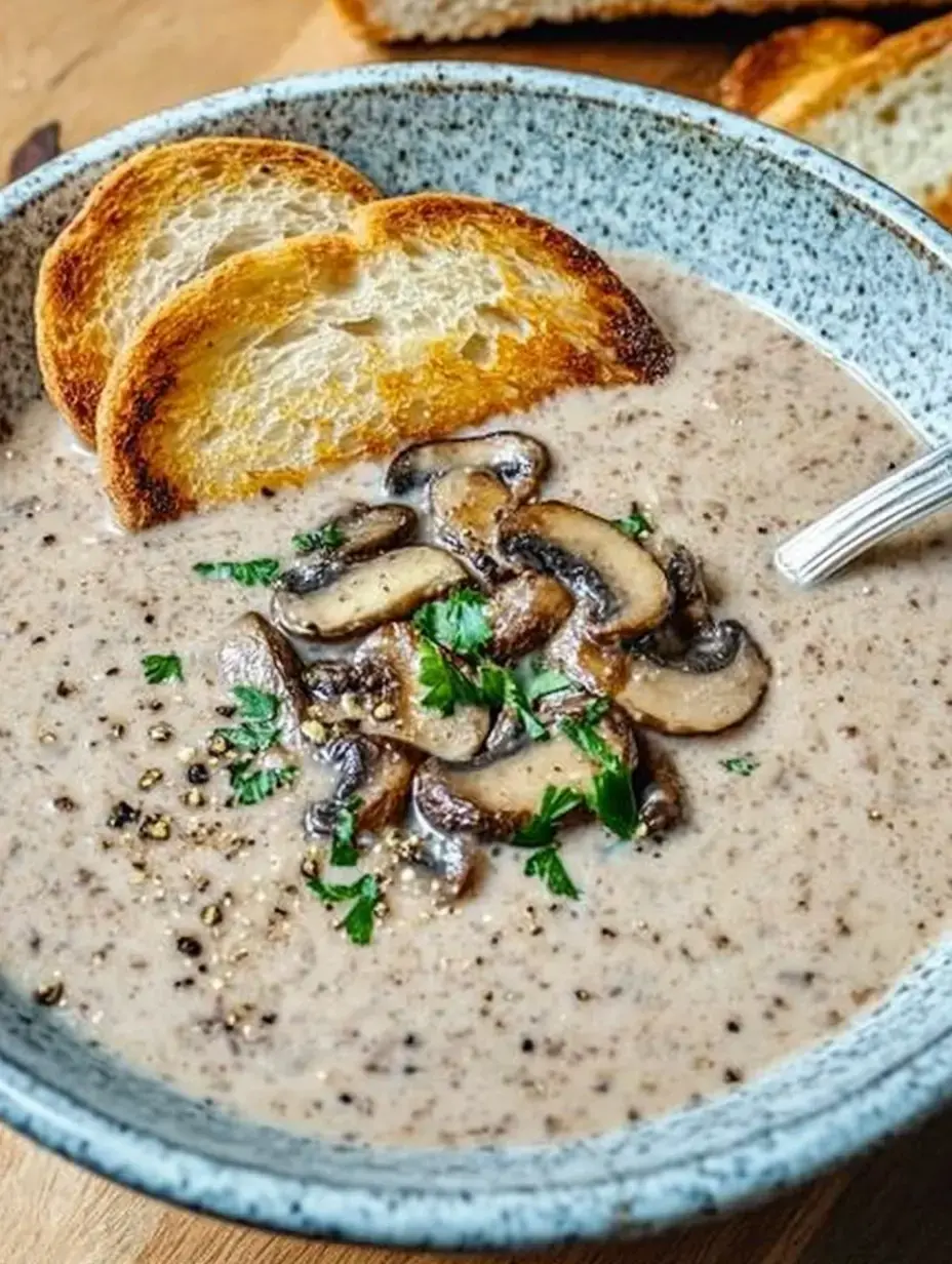 Plato de sopa cremosa de hongos con champiñones fritos y perejil, acompañado de pan tostado.