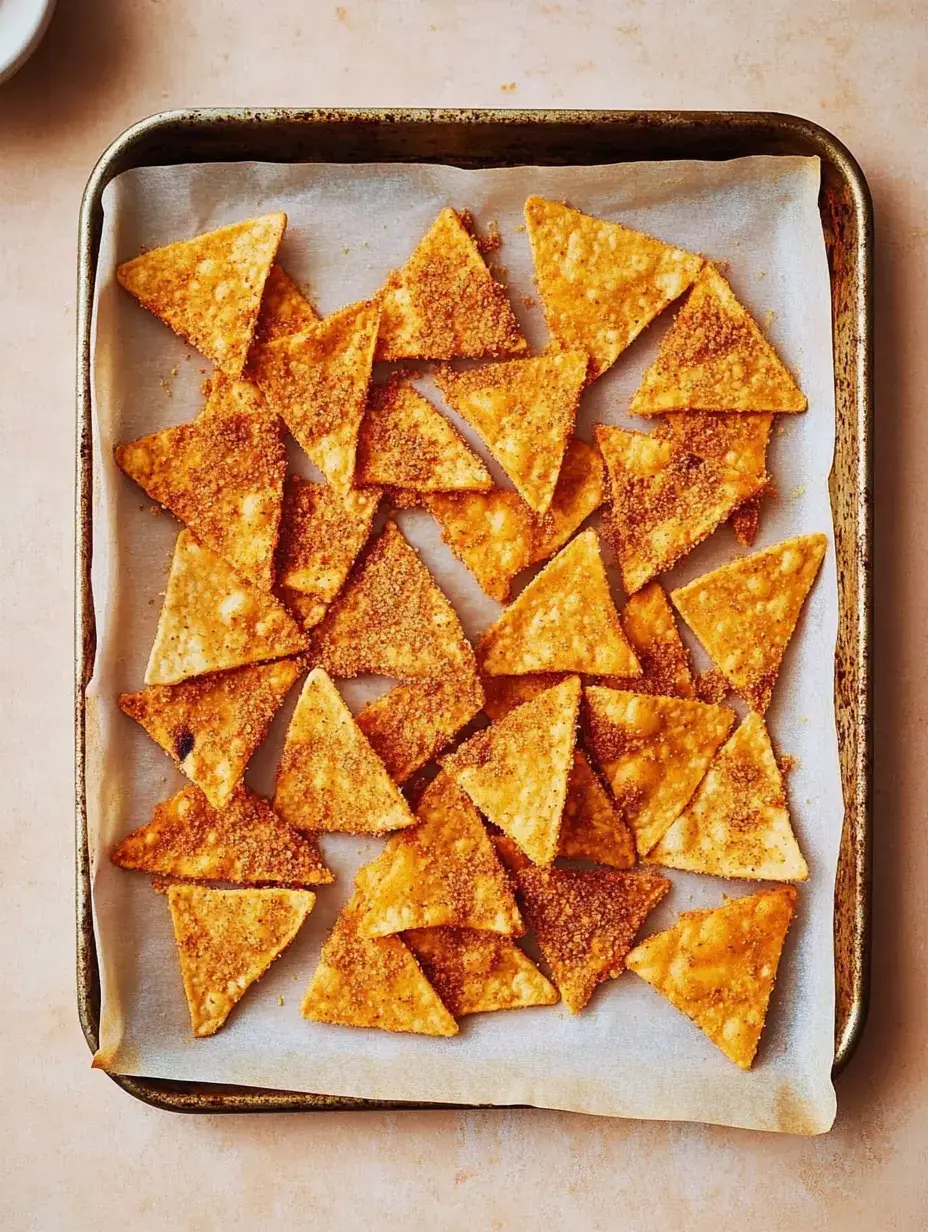 Una bandeja con crujientes triángulos dorados de tortilla sobre papel de hornear.