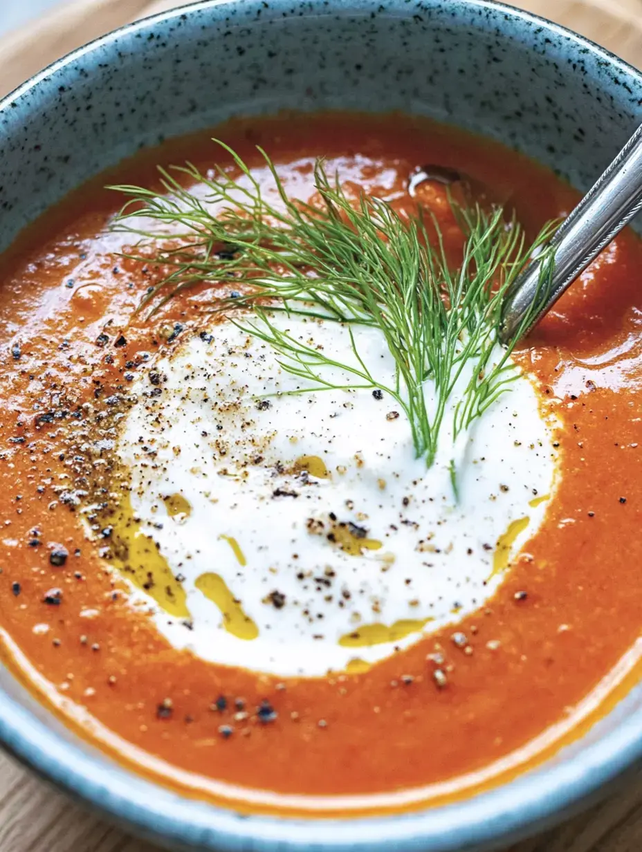 Un bol de sopa de tomate, decorado con un poco de nata, aceite y ramitas de eneldo fresco.