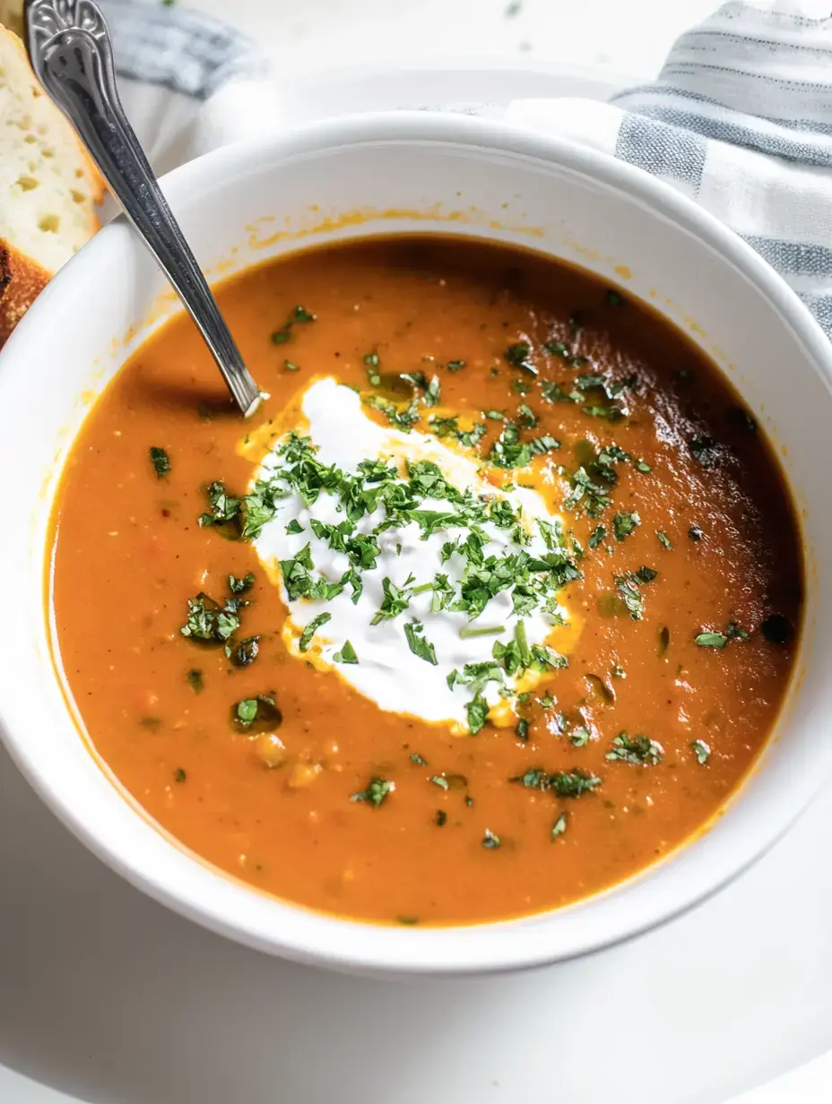 Un tazón de sopa naranja, decorado con un poco de crema y cilantro picado, bien fresco.