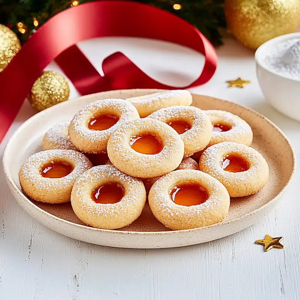 Plato de galletas de mantequilla con centro de mermelada y espolvoreadas de azúcar glas, rodeadas por decoración navideña.