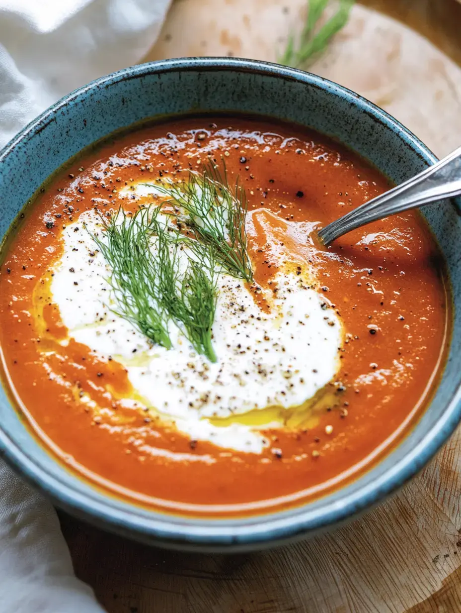 Un cuenco lleno de sopa de tomate cremosa con un poco de nata, eneldo y pimienta encima.