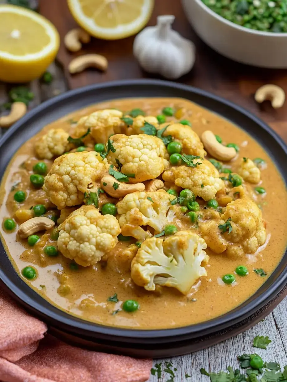 Un plato de coliflor y arvejas en salsa cremosa decorado con cilantro, rodeado de rodajas de limón y ajo.