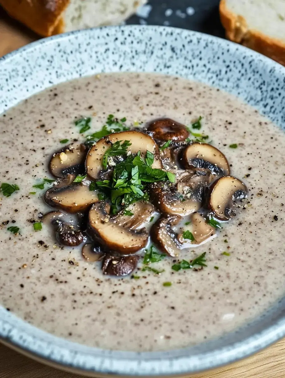 Cuenco de sopa cremosa de champiñón con hierbas frescas y hongos, con una rebanada de pan atrás.