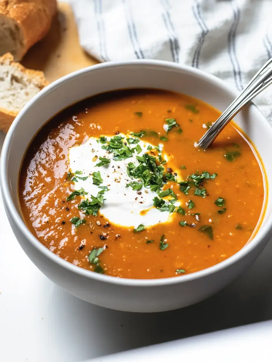 Un bol con sopa roja, crema y cilantro fresco, y una rebanada de pan sobre una tabla.
