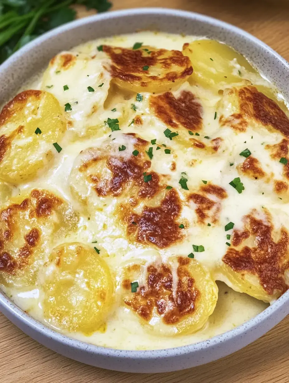 Un plato con papas gratinadas en salsa cremosa, decorado con hierbas frescas.
