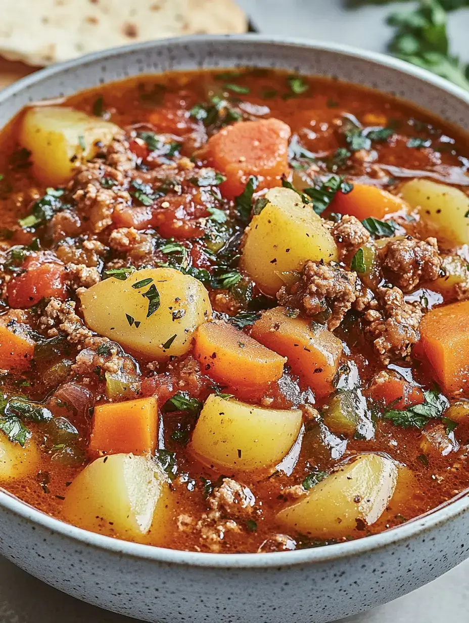 Un plato hondo lleno de guiso con papas, zanahorias, tomate y carne, decorado con hierbas frescas.