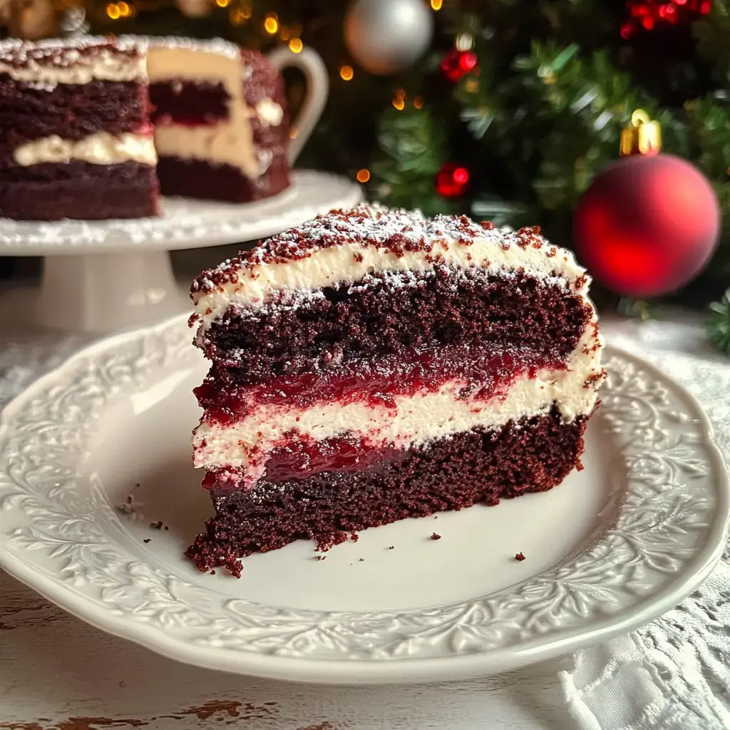 Un trozo de pastel de chocolate con una capa de crema y jalea de frutas, espolvoreado con azúcar glass, frente a un fondo festivo.