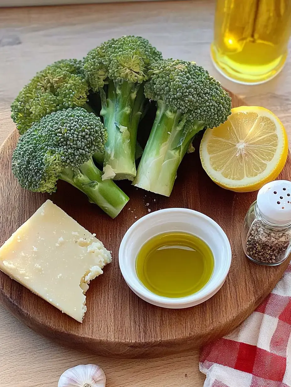 Una tabla de madera con brócoli, medio limón, aceite de oliva, queso y condimentos.
