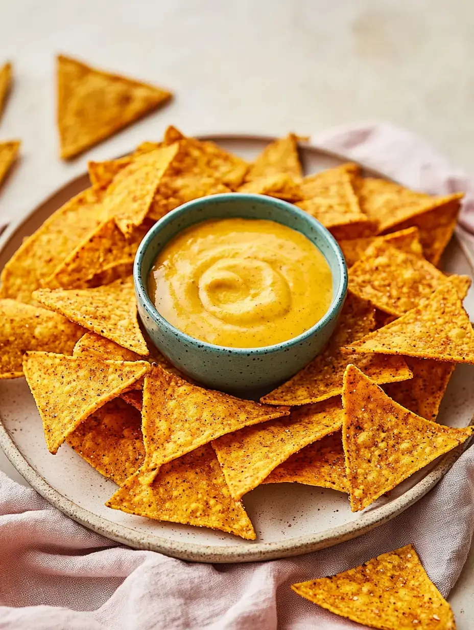 Una gran porción de totopos color tortilla rodean un pequeño cuenco con salsa cremosa amarilla para mojar.