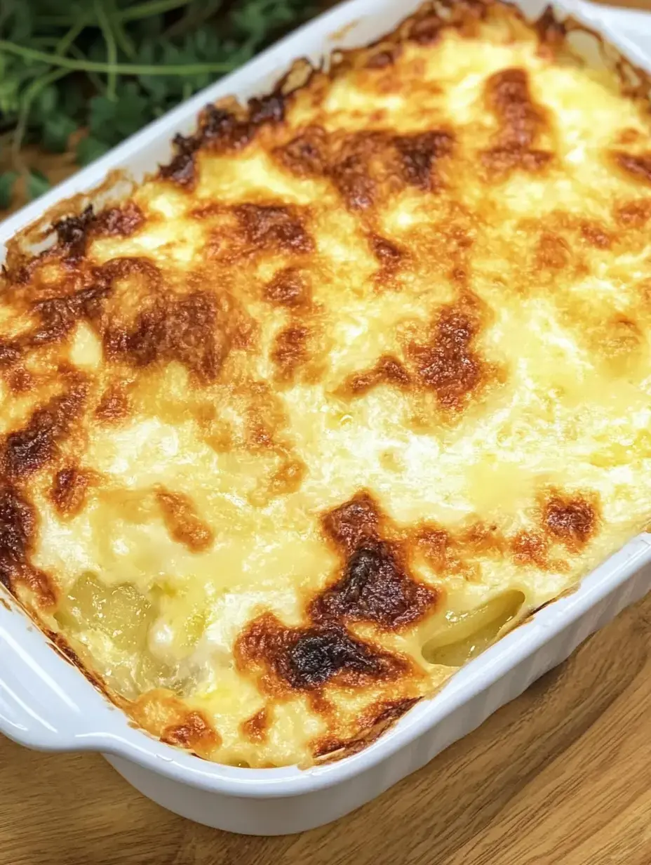 Un gratinado dorado en una fuente blanca, junto a hierbas frescas.