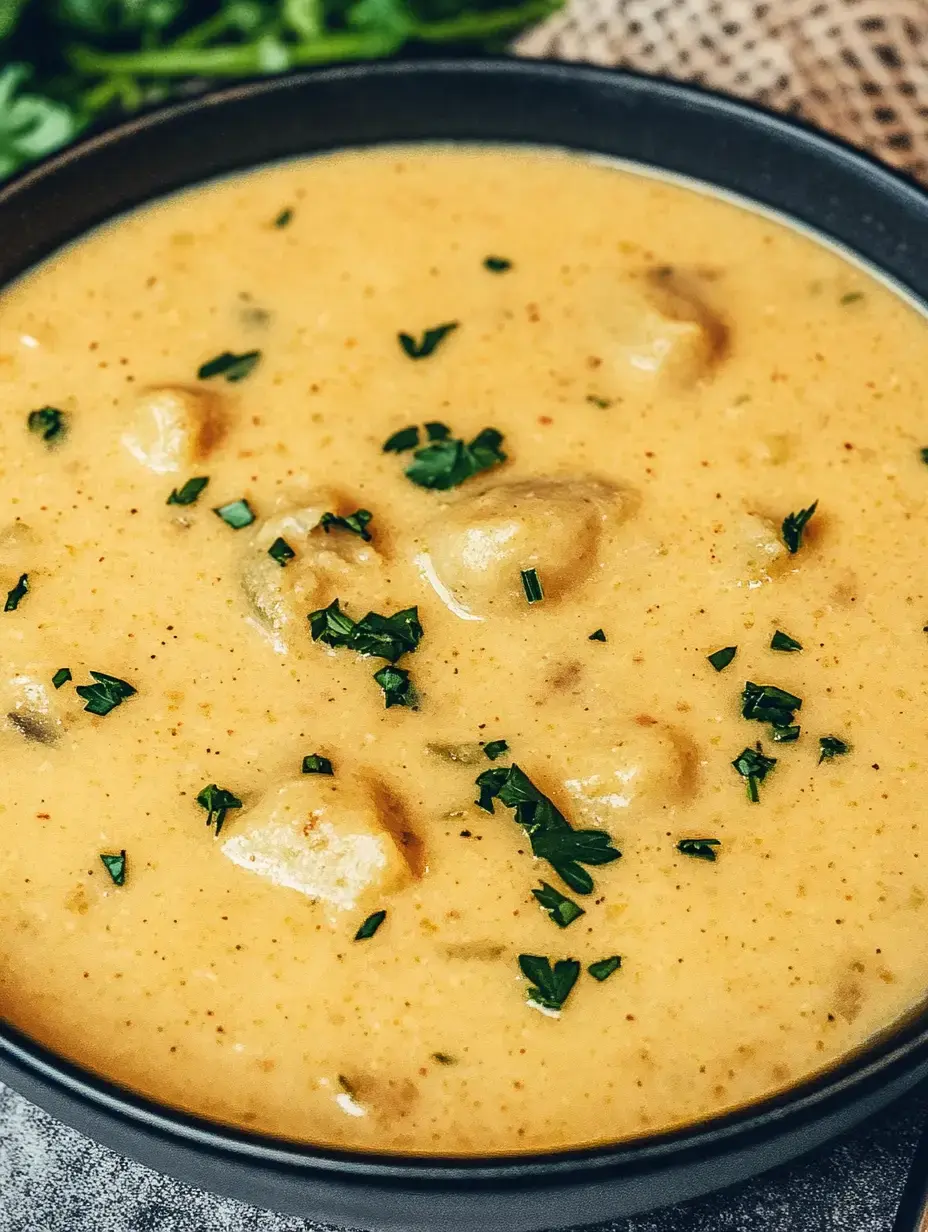 Un plato de sopa cremosa con bolitas y perejil picado de adorno.
