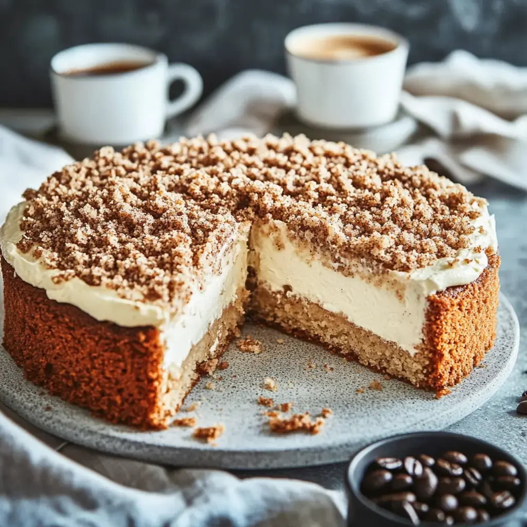 Un trozo de pastel con crema y una parte de arriba cubierta de migajas sobre un plato, rodeado de tazas de café.