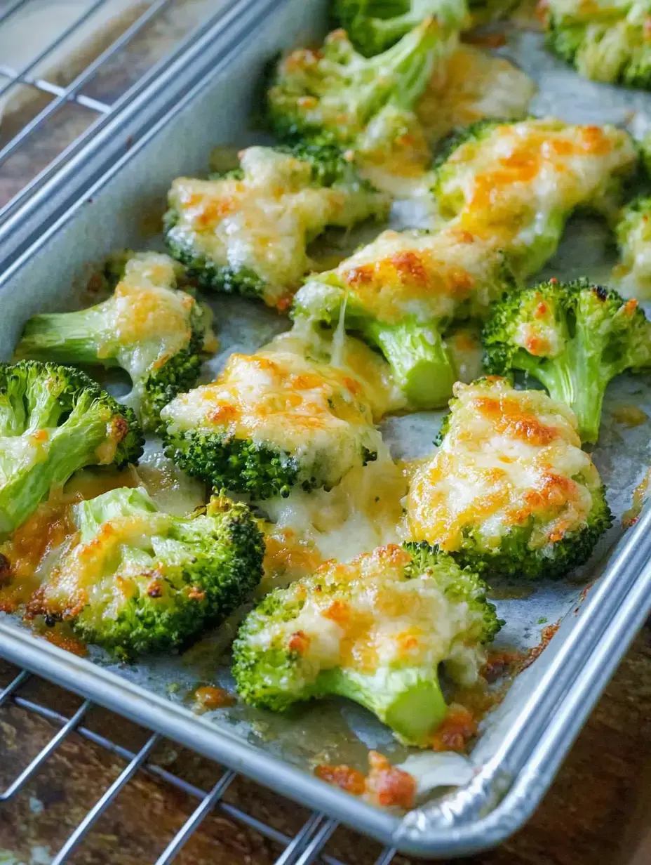 Brócoli asado cubierto con queso fundido sobre una bandeja de horno.