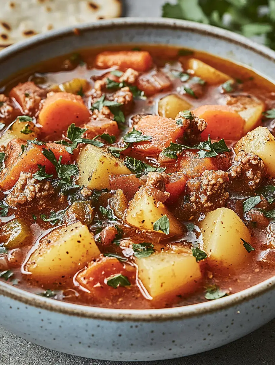 Un cuenco lleno de guiso casero con papas, zanahorias, carne molida y hierbas frescas.