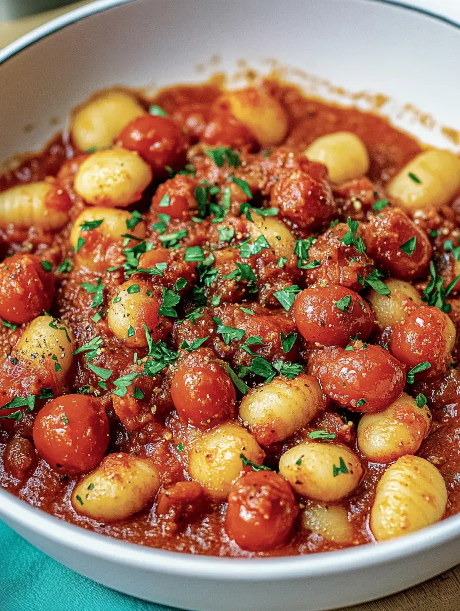 Un bol con gnocchis en salsa de tomate, decorado con perejil fresco.