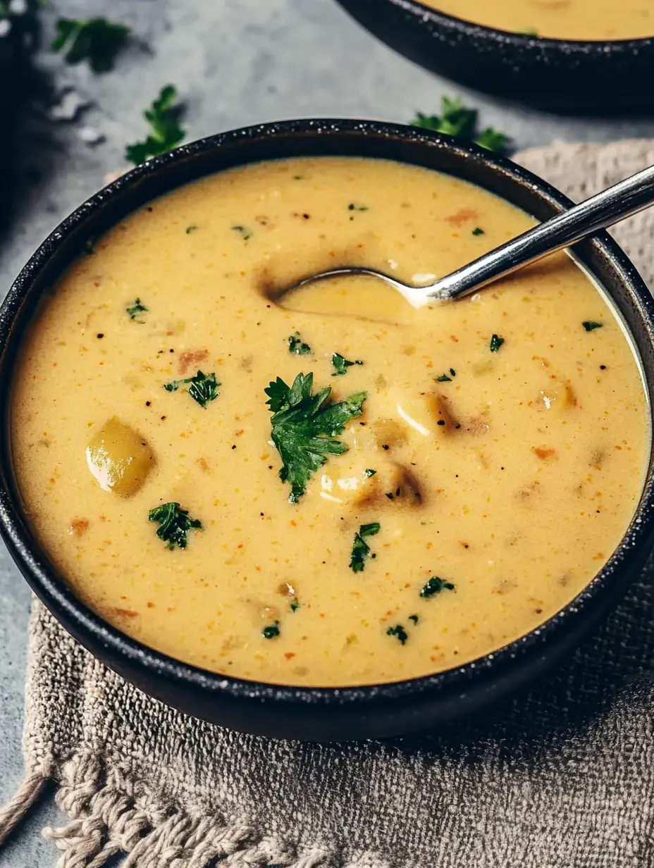 Sopa cremosa con trocitos y cilantro fresco en un bol negro.