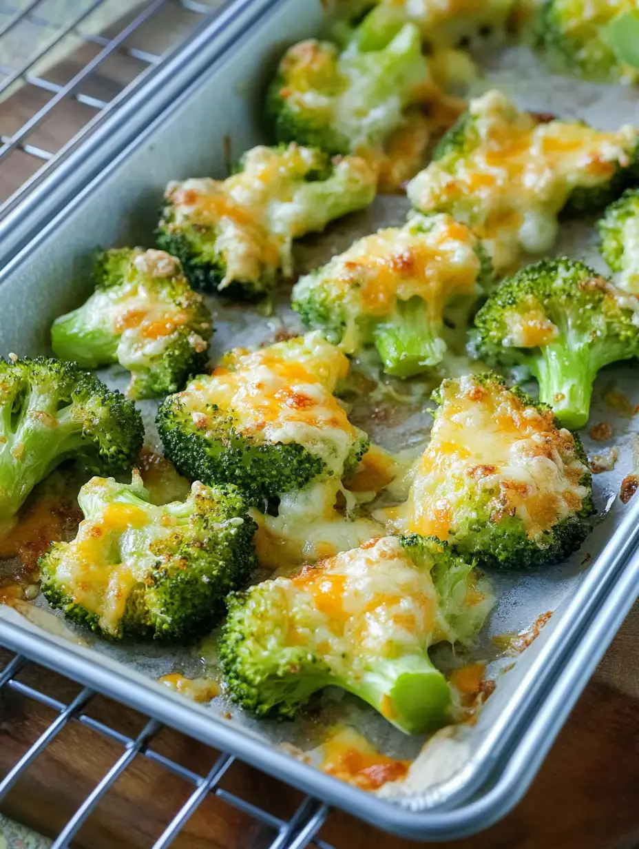 Una bandeja de horno con brócoli gratinado, dorado y crocante.
