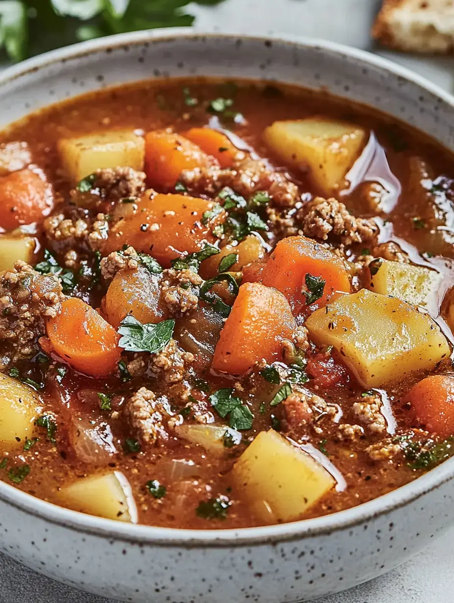 Un plato hondo con carne molida, papas, zanahoria y hierbas frescas por encima.
