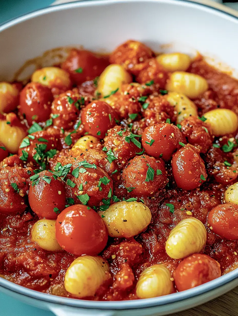 Un bol blanco con tomates cherry rojos y gnocchis amarillos en salsa de tomate, acabado con perejil fresco.