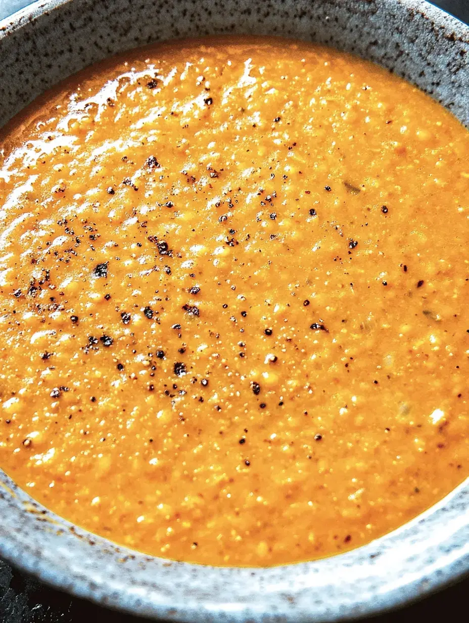 Bol de sopa anaranjada bien lisa decorada con puntos de pimienta negra.