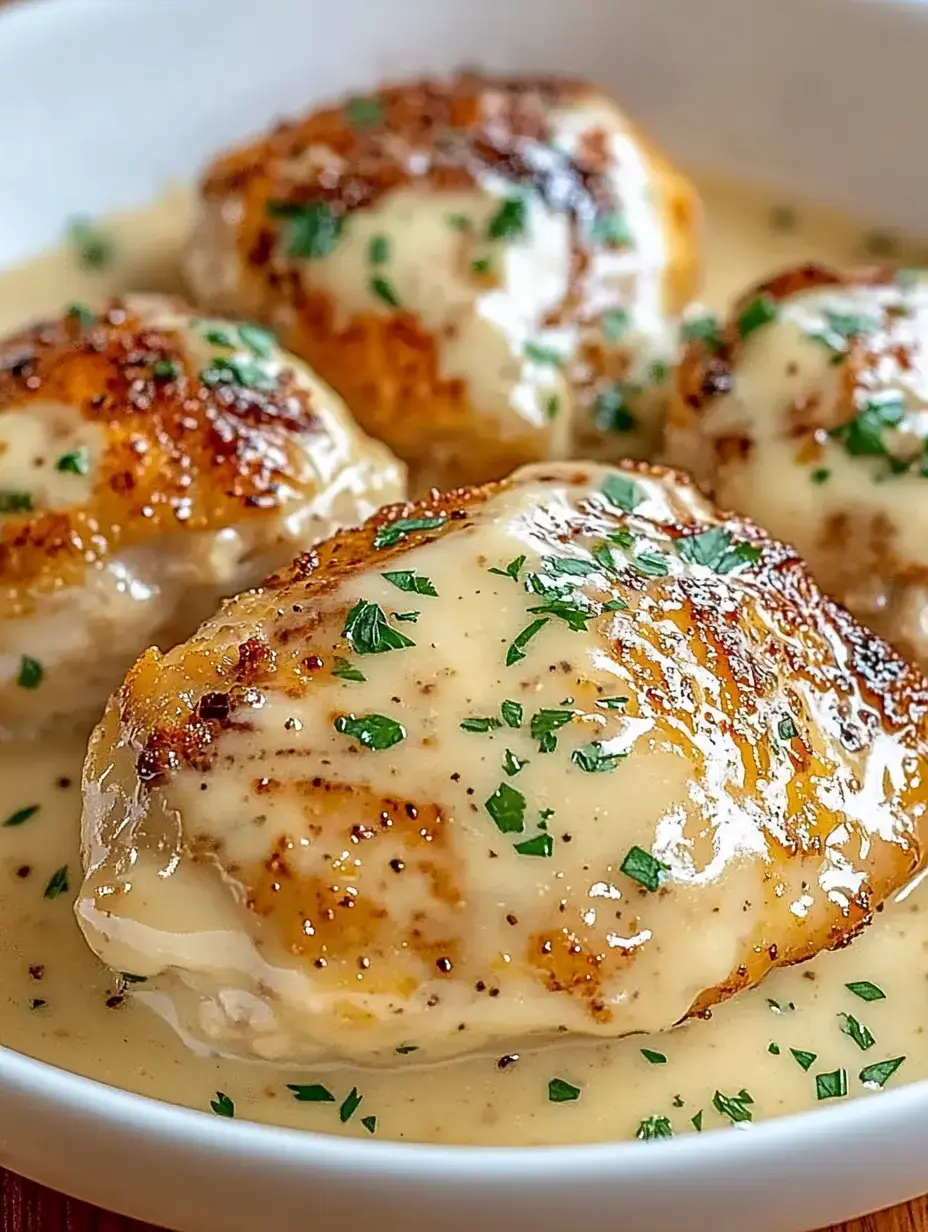 Un plato con pechuga de pollo dorada, cubierta de salsa cremosa y espolvoreada con perejil fresco.