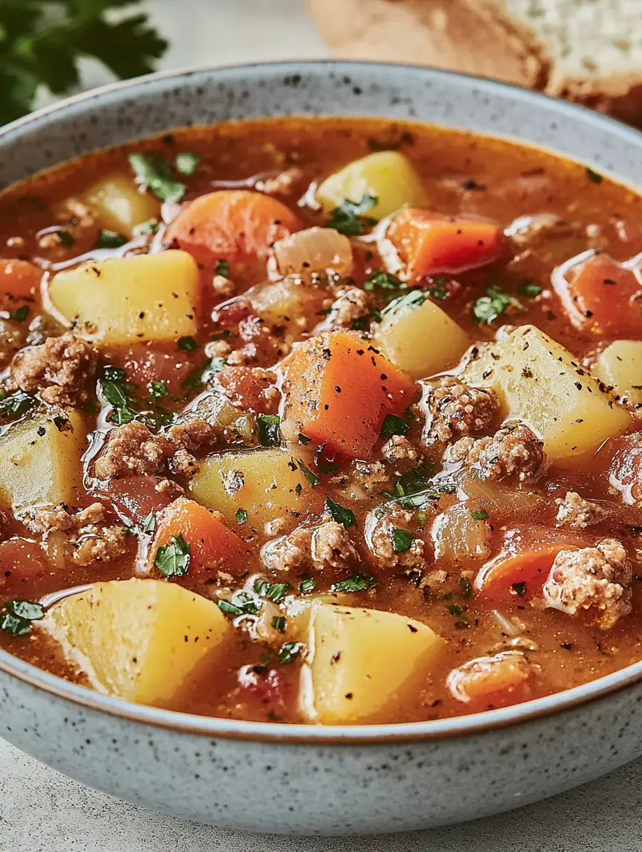 Un cuenco con papas, zanahorias, cebolla, carne y hierbas frescas, todo bien presentado.
