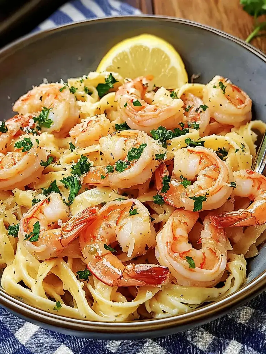Un plato de fetuccine con camarones y perejil fresco, acompañado de una rodaja de limón.