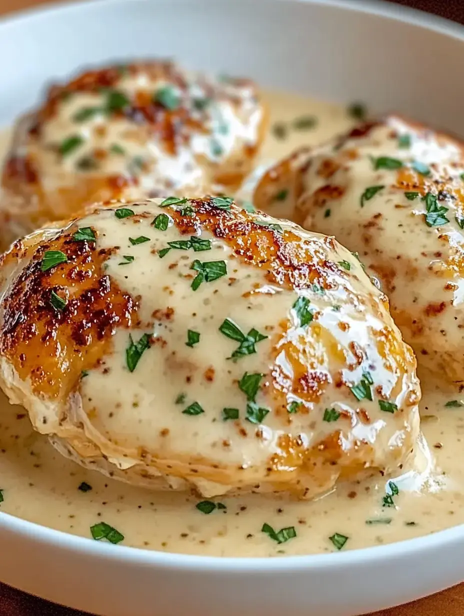Un plato con trozos de pollo dorado en salsa cremosa, adornados con hierbas frescas.