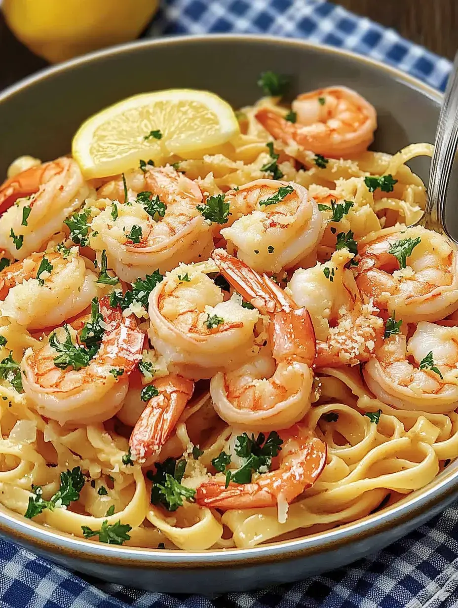 Un bowl de linguini con camarones, rodaja de limón y perejil fresco.
