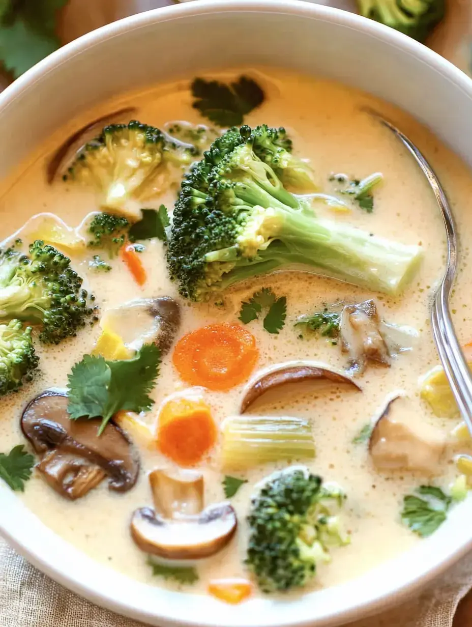 Un tazón de sopa de verduras cremosa, con brócoli, zanahorias, champiñones y cilantro fresco.