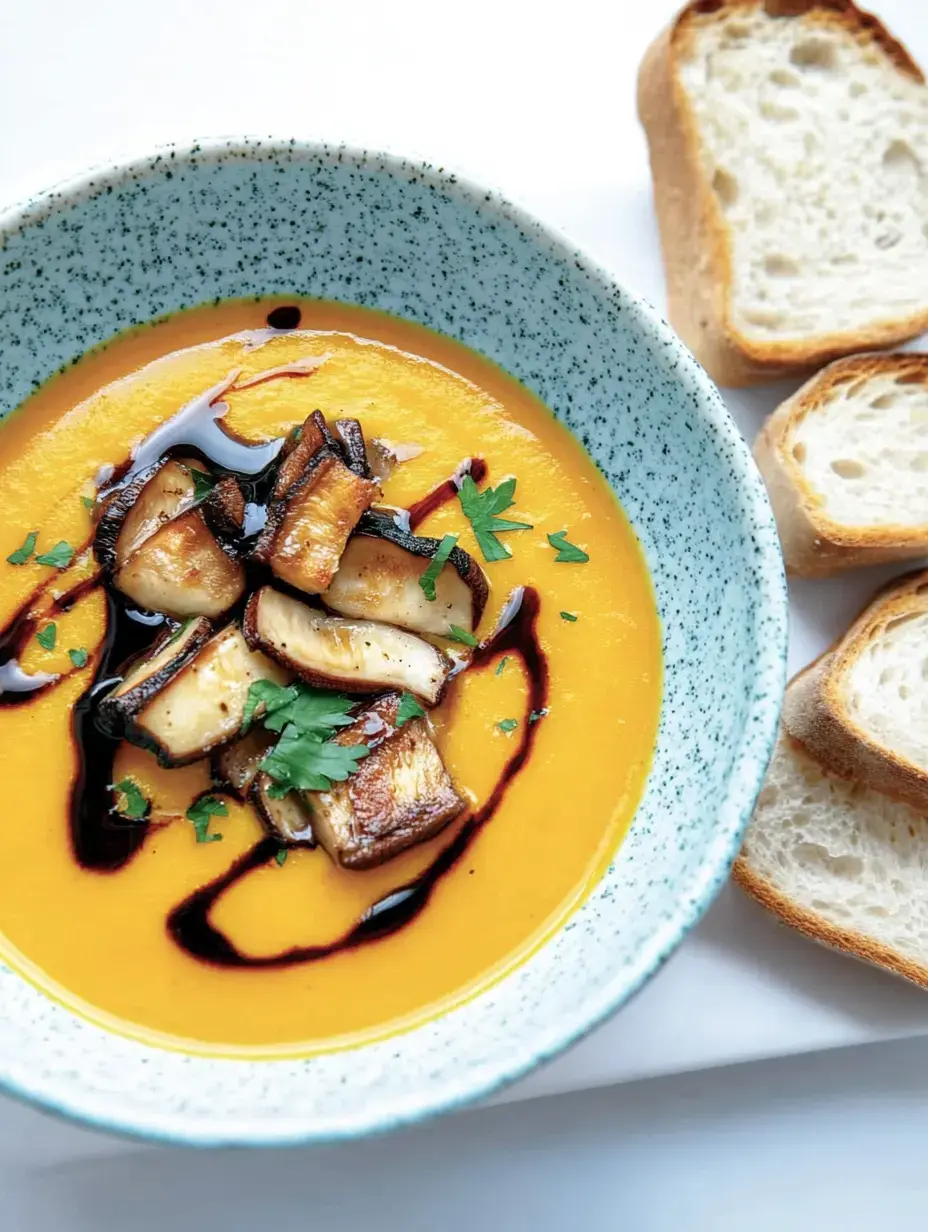 Cuenco de sopa de calabaza con setas doradas y perejil fresco, acompañado de pan.