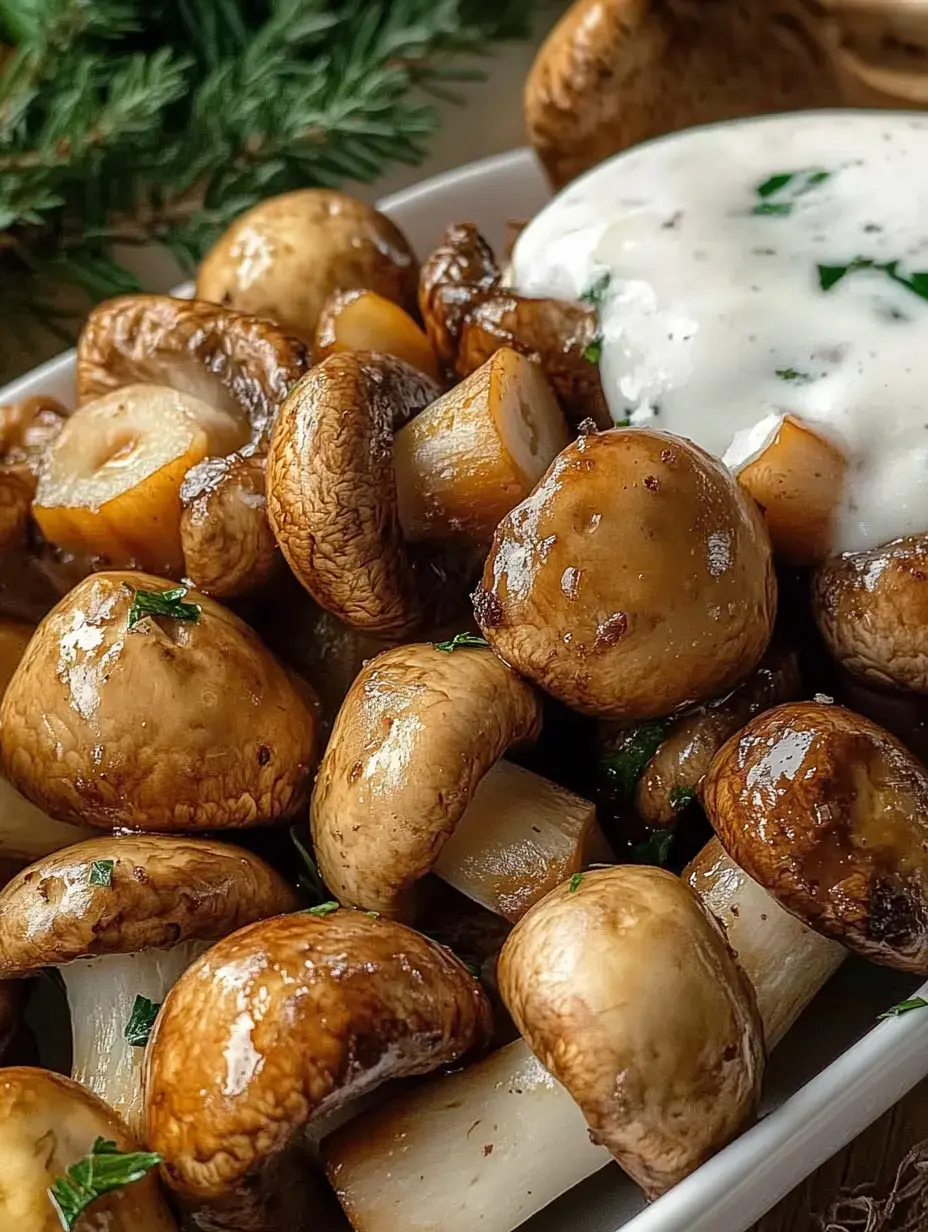 Un cuenco con hongos salteados y trozos de vainas blancas, adornado con una salsa cremosa.