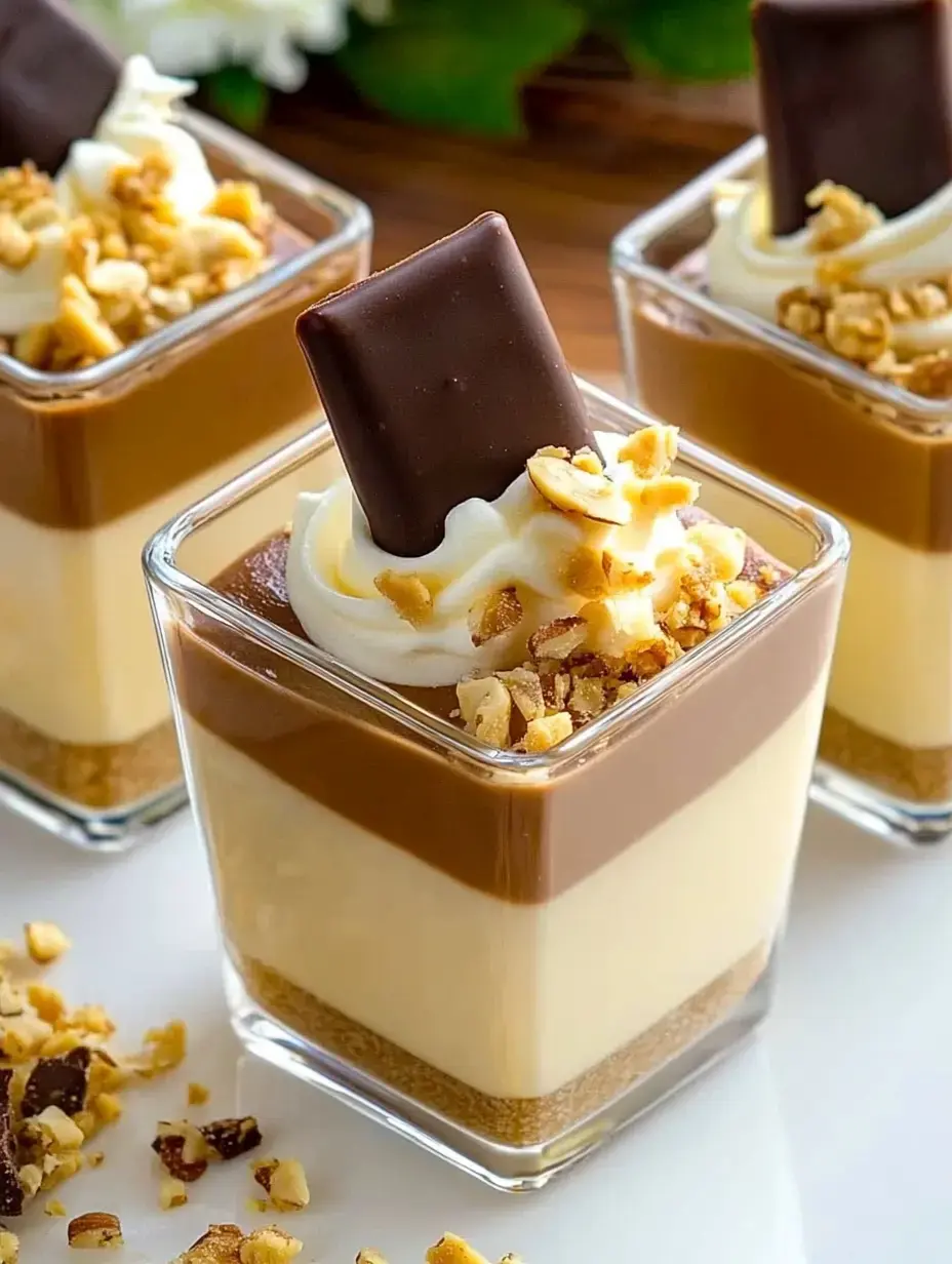 Un postre en vaso con capas de natillas de vainilla, natilla de chocolate, nata montada, nueces picadas y un trozo de chocolate encima.