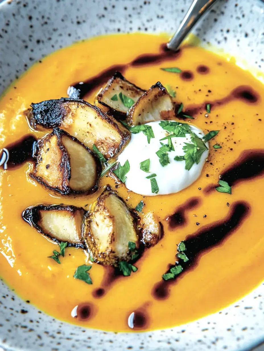 Sopa cremosa de calabaza con setas doradas, una cucharada de crema ácida y hierbas frescas.