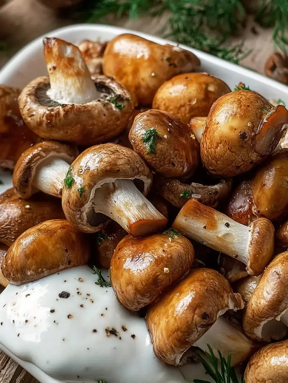 Un plato con champiñones salteados, adornado con hierbas frescas y una porción de dip de yogur.