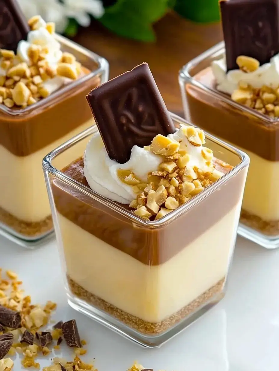 Tres vasitos de postre con capas de natillas, nata montada, frutos secos picados y un trozo de chocolate por arriba.