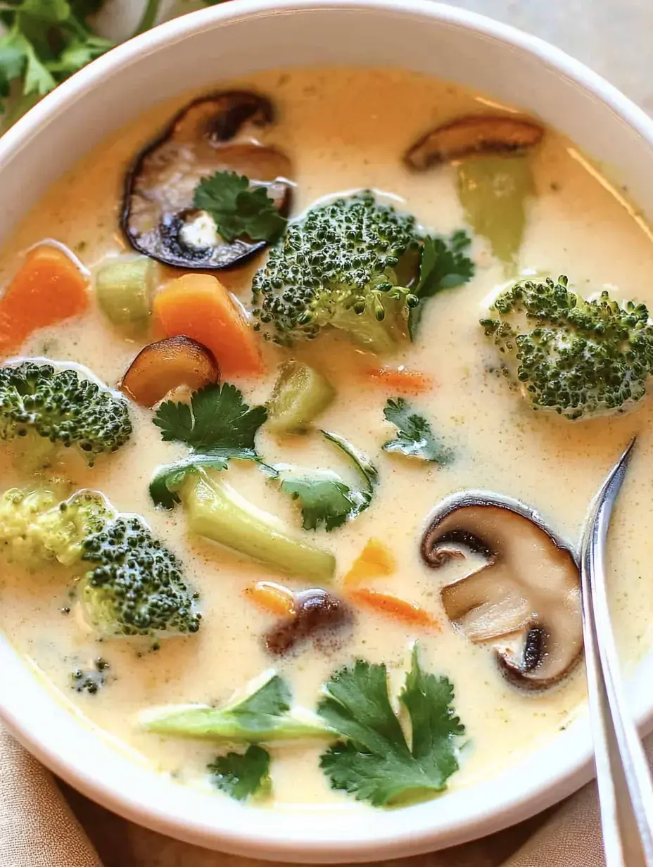 Una sopa de verduras cremosa con brócoli, zanahorias, apio y champiñones, con cilantro encima.