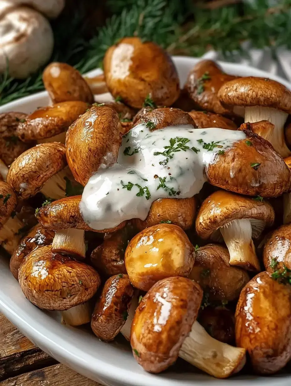 Un cuenco lleno de champiñones salteados, decorado con salsa blanca y hierbas frescas.