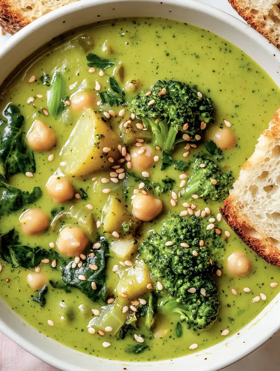 Un bol de sopa verde con brócoli, garbanzos, hojas verdes y semillas de sésamo tostado, acompañado por una rebanada de pan crujiente.