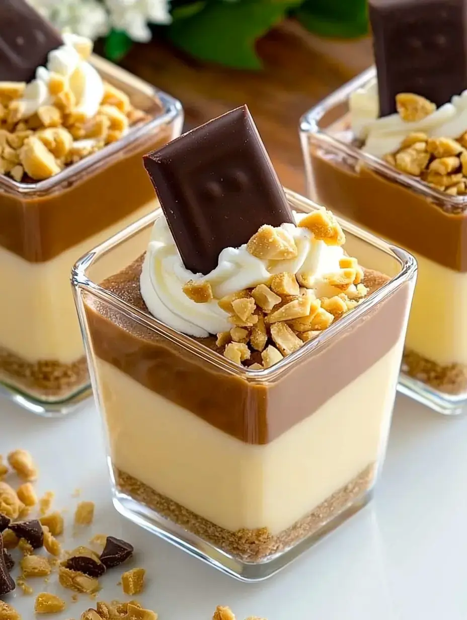 Tres vasos de cristal con postre de capas: natilla, nata montada y chocolate, decorado con cacahuates picados.