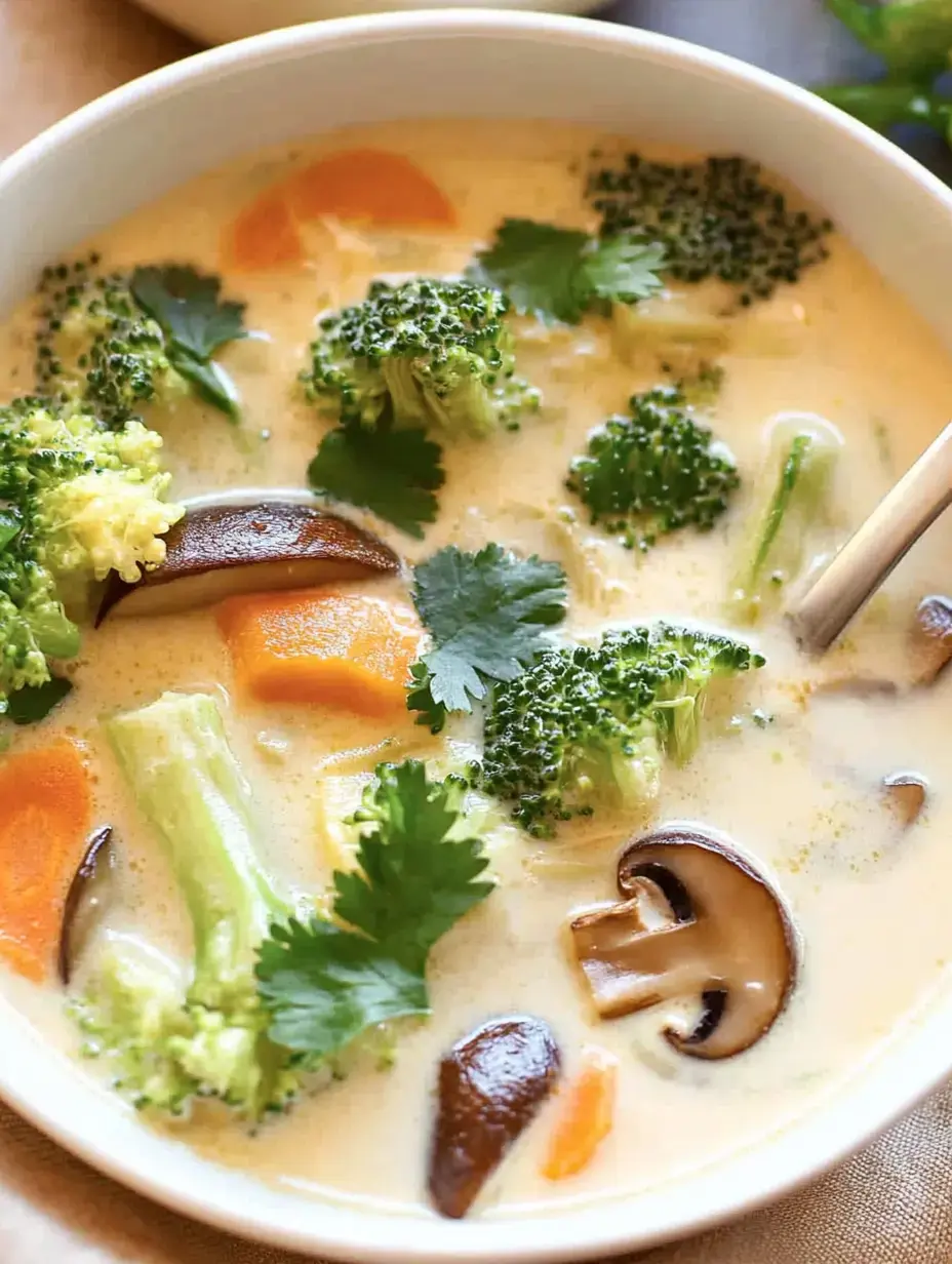 Un bol de sopa de verduras cremosa con brócoli, zanahorias, champiñones y mucho cilantro fresco.