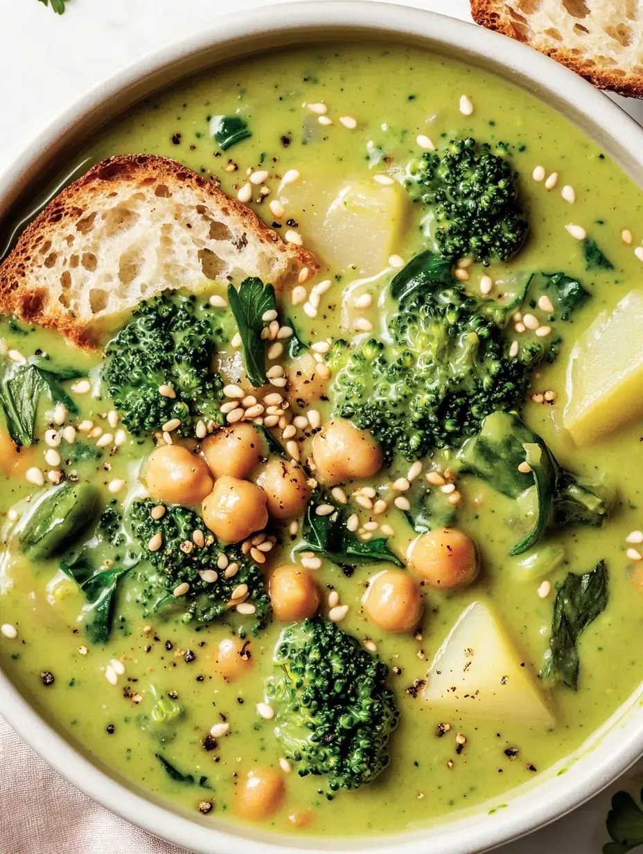 Un bol de sopa verde con verduras y garbanzos, decorada con semillas de sésamo y una rebanada de pan tostado.
