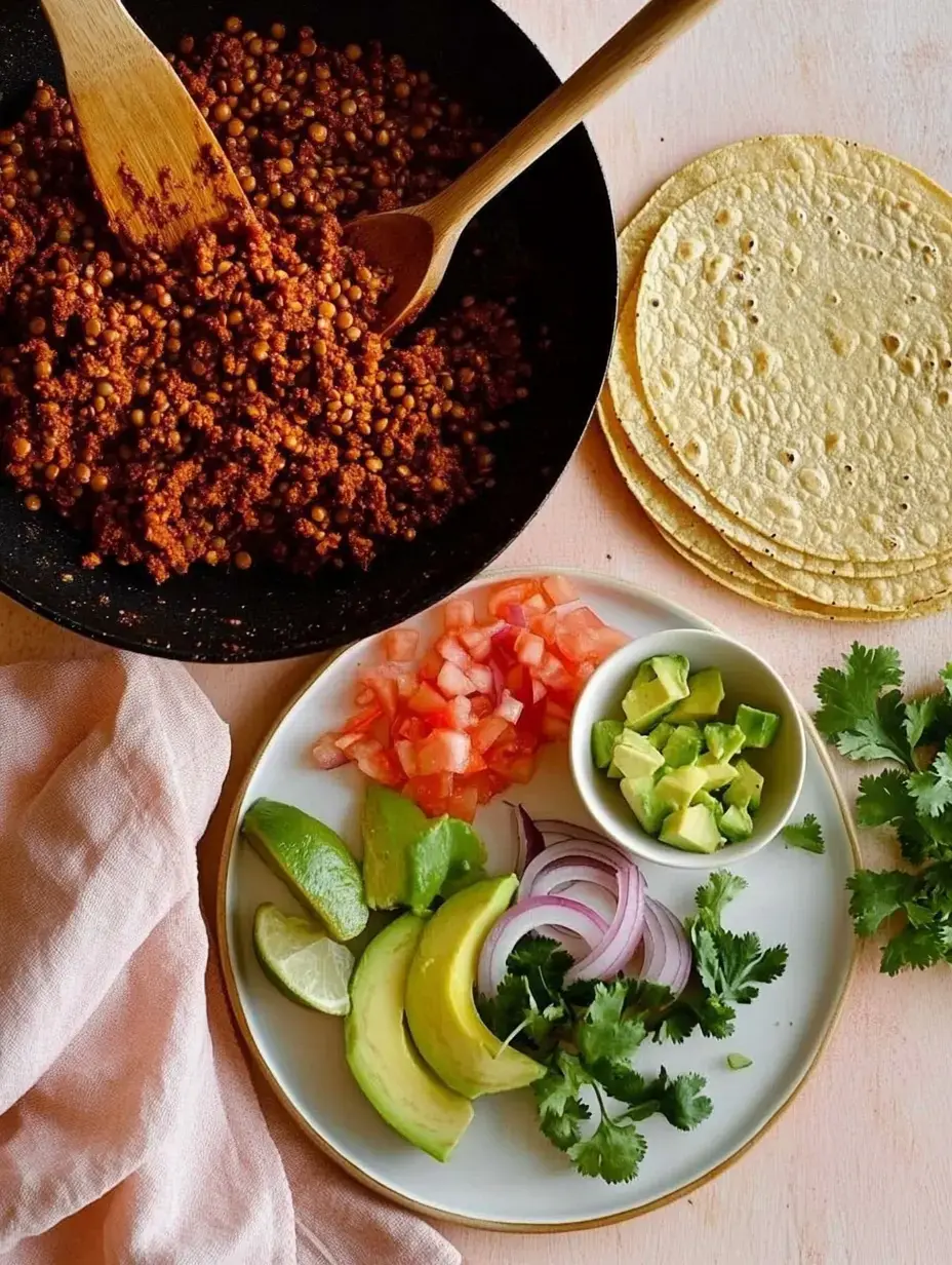 Una sartén con un relleno marrón de lentejas junto a un plato con verduras frescas, limas, aguacate y tortillas.