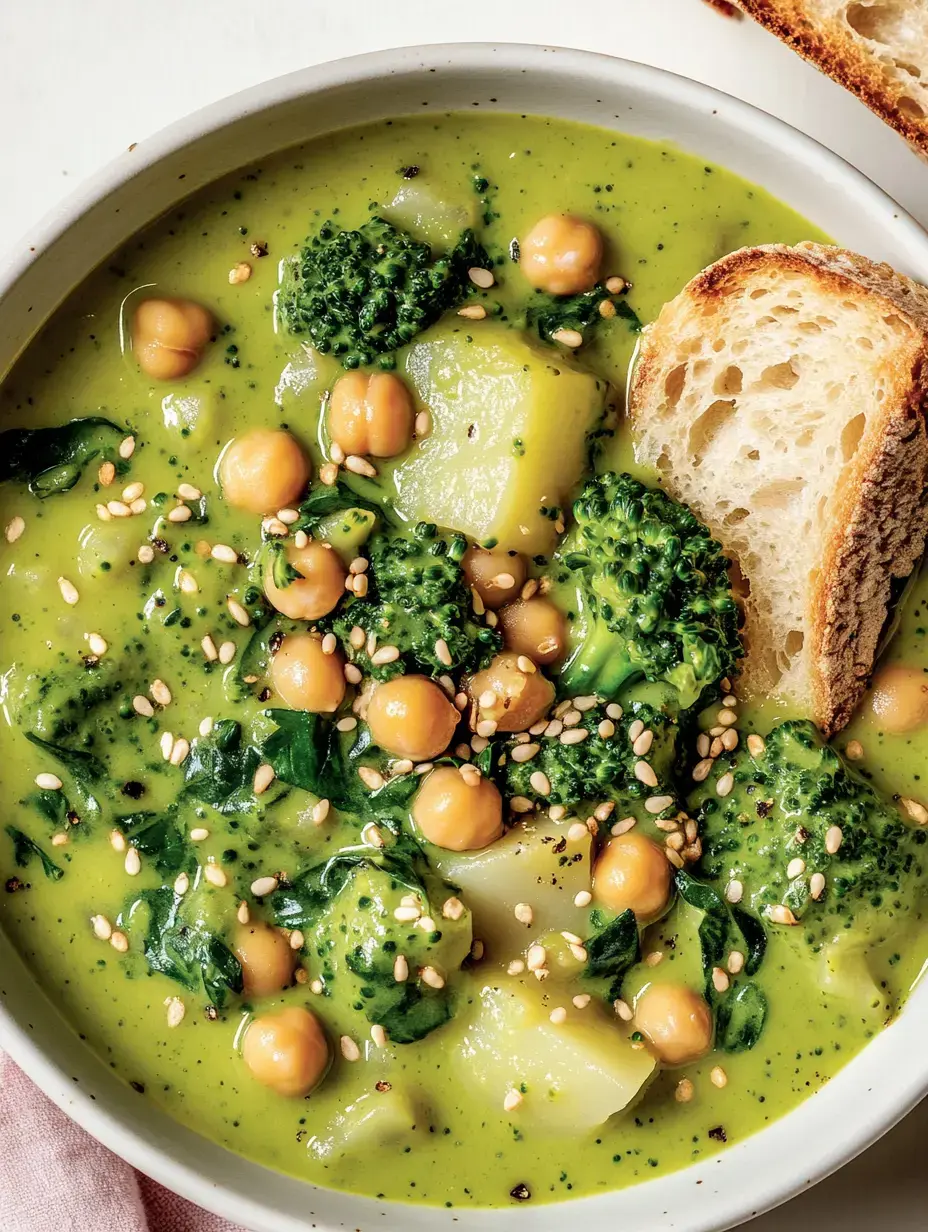 Un cuenco de sopa verde con brócoli, garbanzos y sésamo, al lado una rebanada de pan.